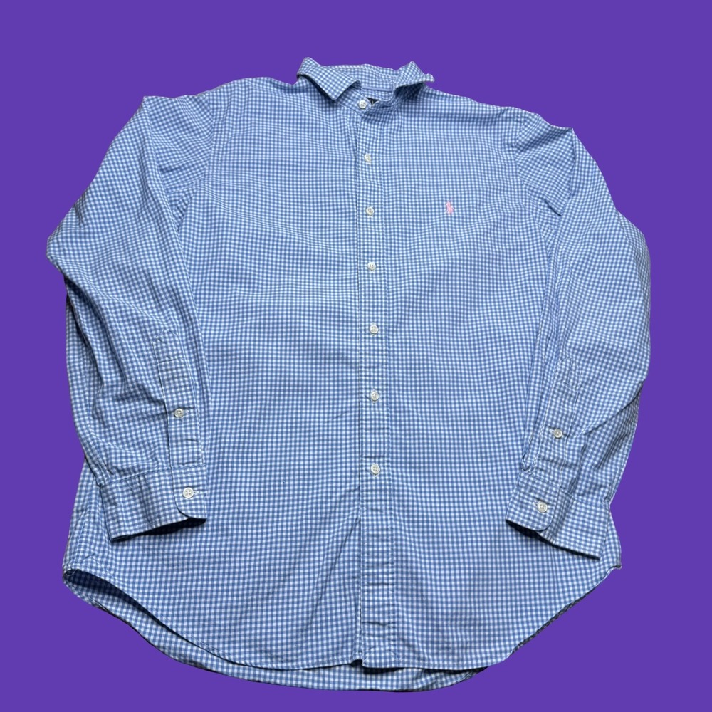 Polo Ralph Lauren Shirt L Blue Plaid Long Sleeve Pink Pony Ivy Prep Classic